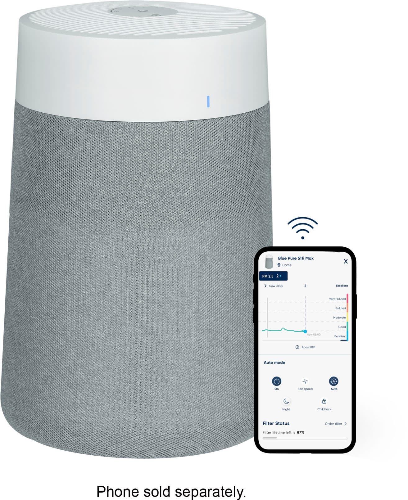 Blueair - Blue Pure 511i Max 926 sq ft HEPASilent Small Room Bedroom Air Purifier - White/Gray product image