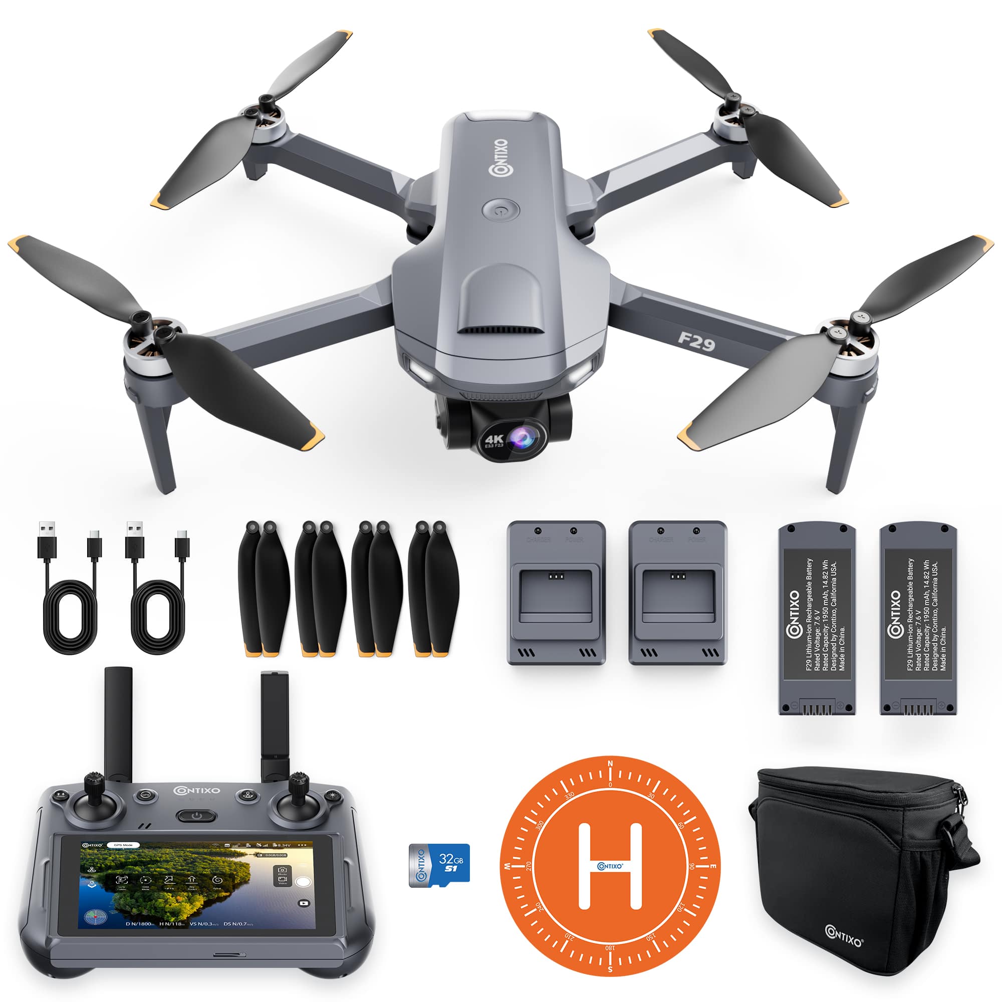 Contixo - F29 Altura Max 4K GPS Drone with 3-Axis Gimbal, 5" Screen Remote, 3KM Range, 23-Min Flight, No FAA Needed - Dark G…