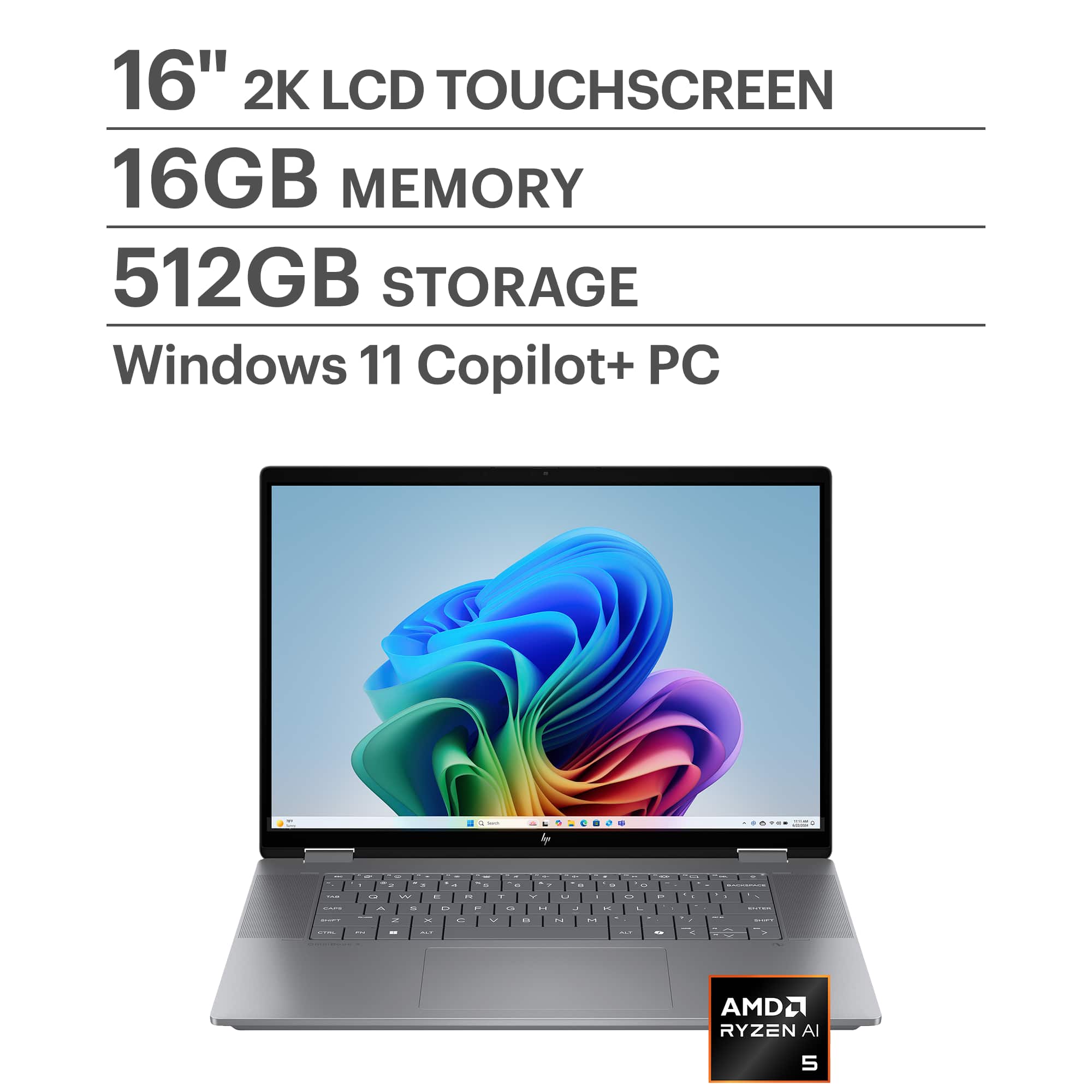 HP - OmniBook X Flip 2-in-1 - Copilot+ PC - 16" 2K Touch-Screen Laptop - AMD Ryzen AI 5 340 2025 - 16GB Memory - 512GB SSD -…